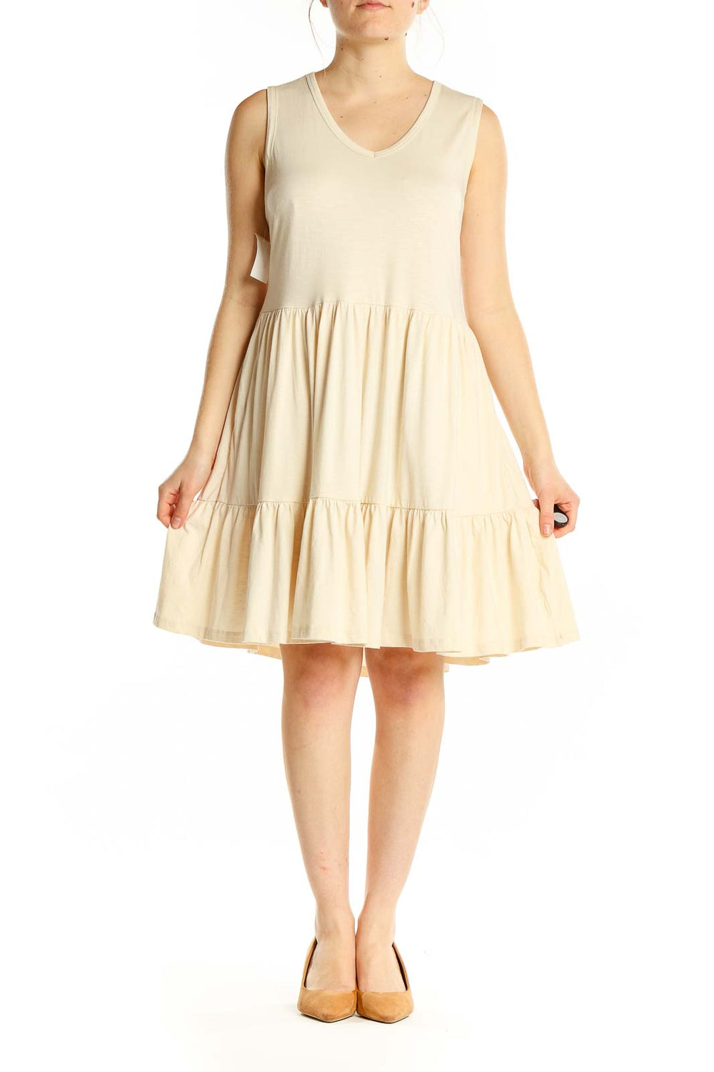 Front view of Toad&Co cream tiered sleeveless summer dress