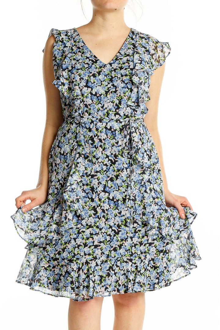 Blue Black Flare Sleeveless Floral Print Dress