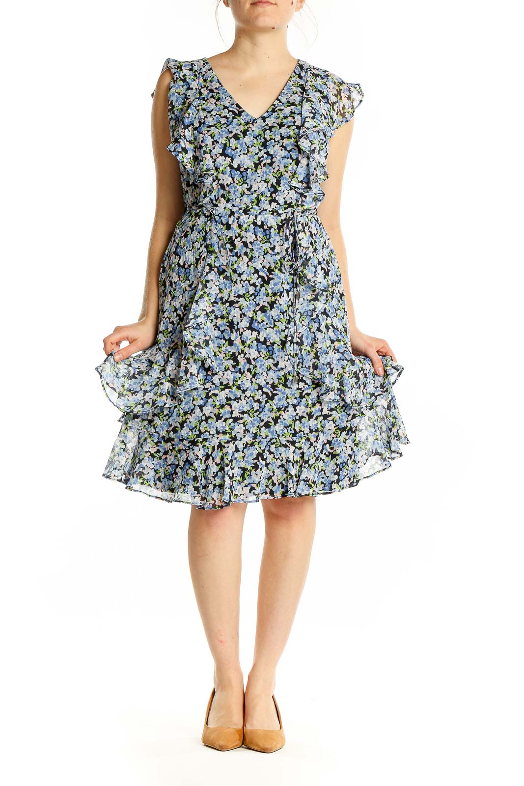 Blue Black Flare Sleeveless Floral Print Dress