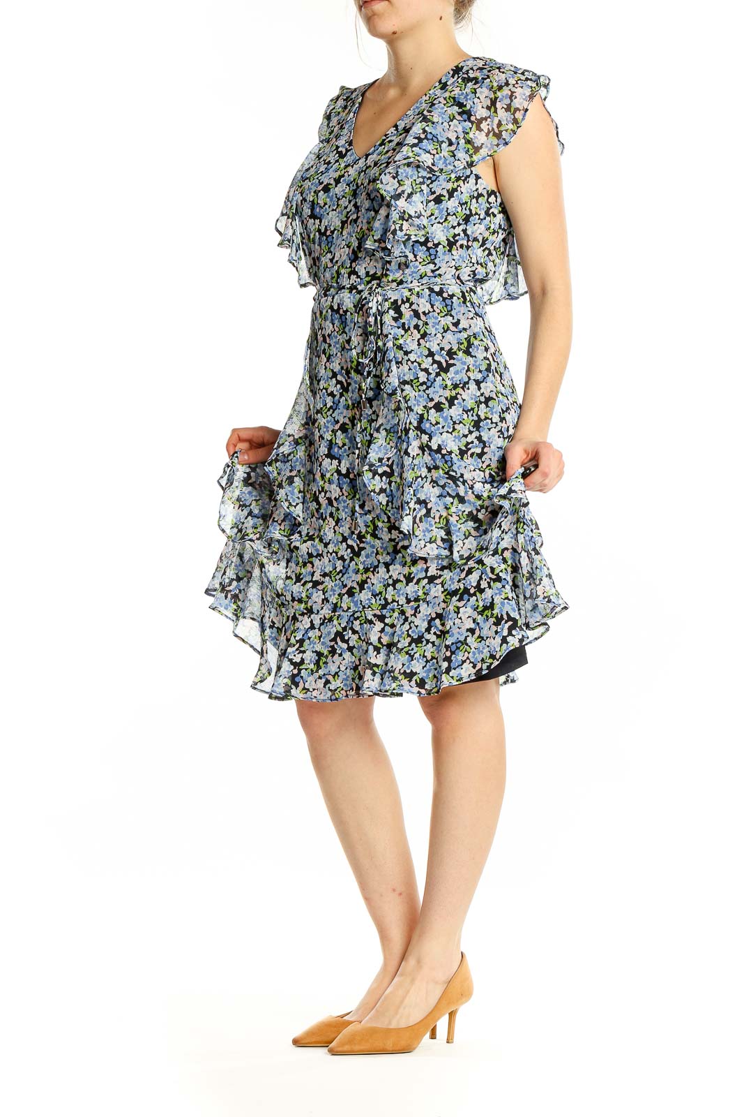 Blue Black Flare Sleeveless Floral Print Dress