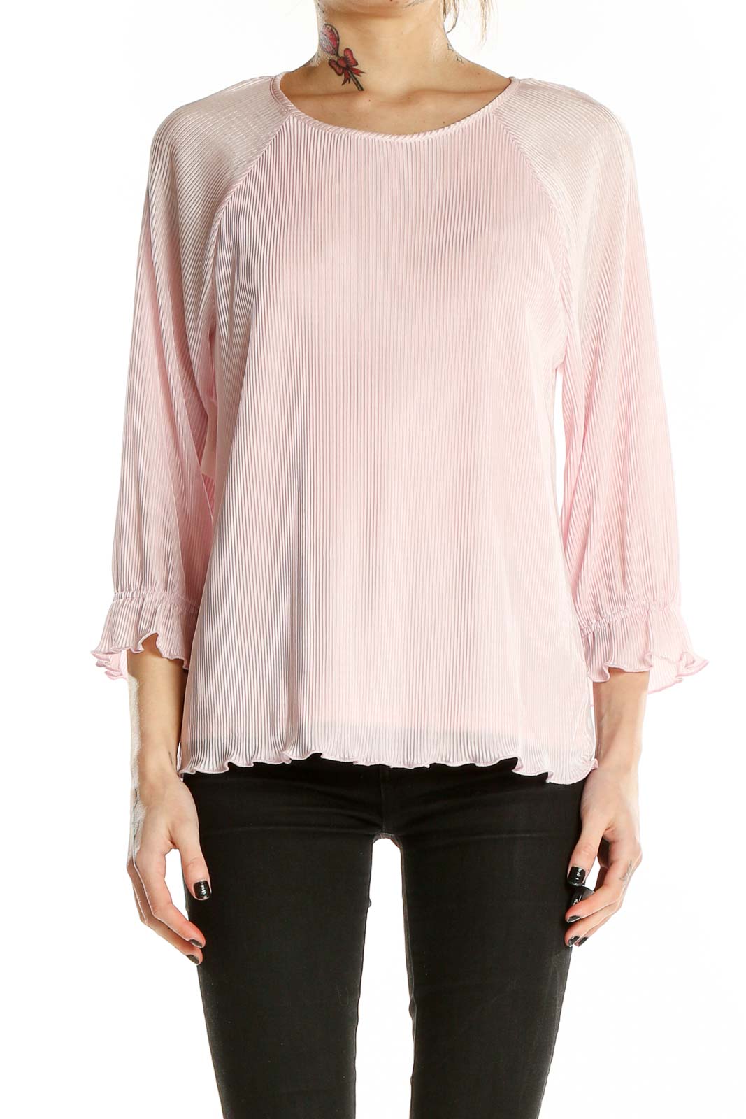 Front view of 1. State pink pleated blouse with raglan sleeves