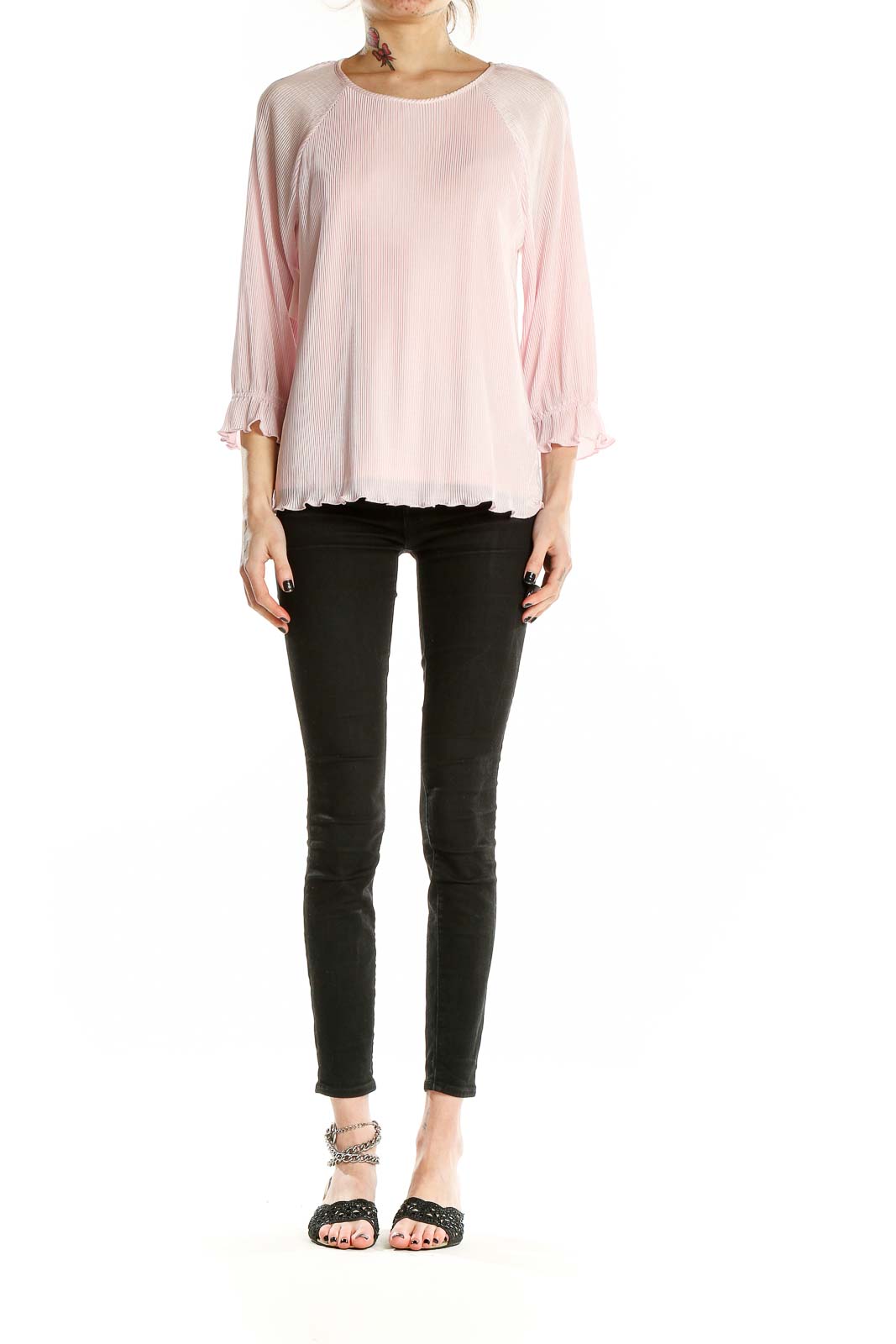 Front view of 1. State pink pleated blouse with raglan sleeves