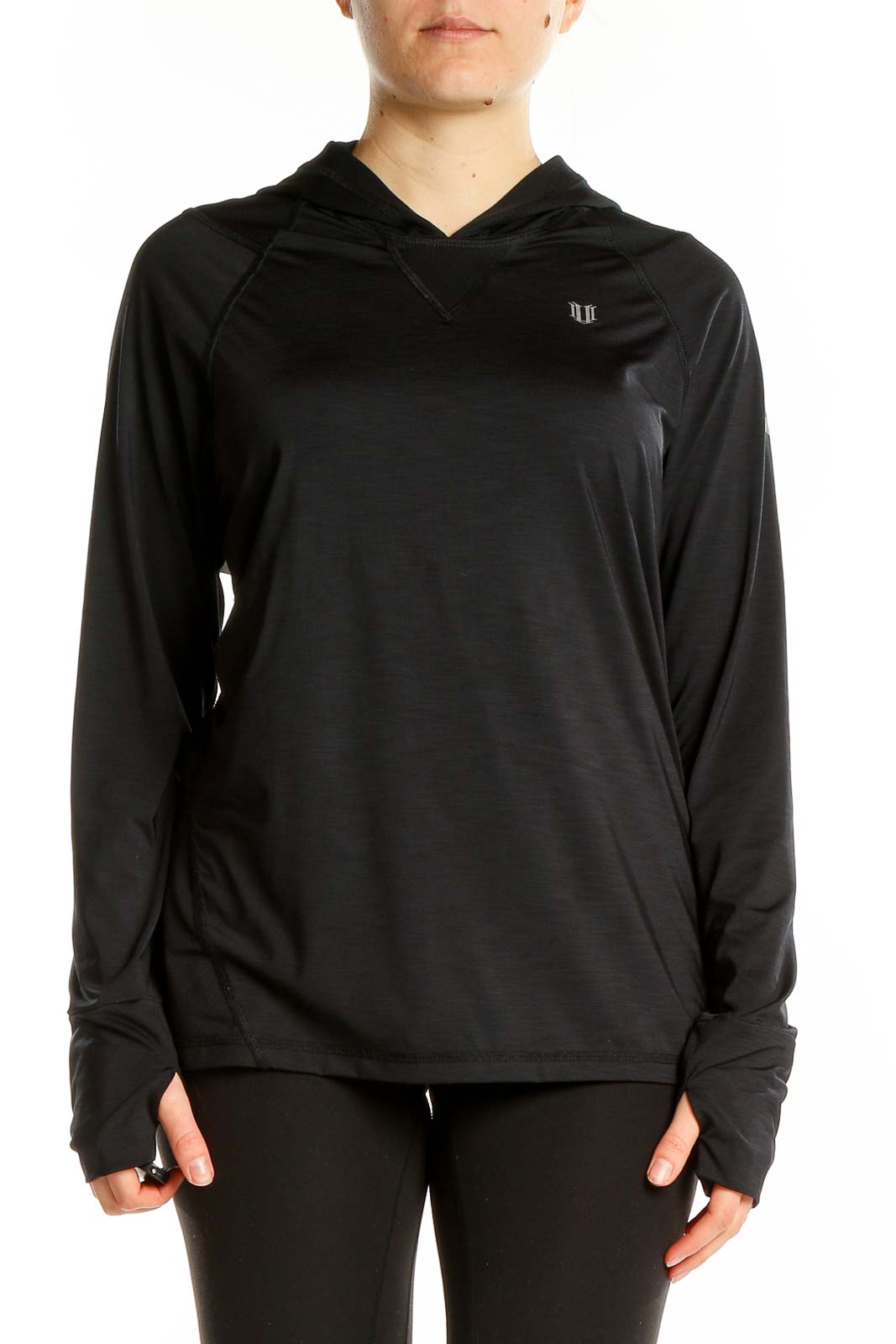 Front view of black hooded athletic top by EleVen by Venus