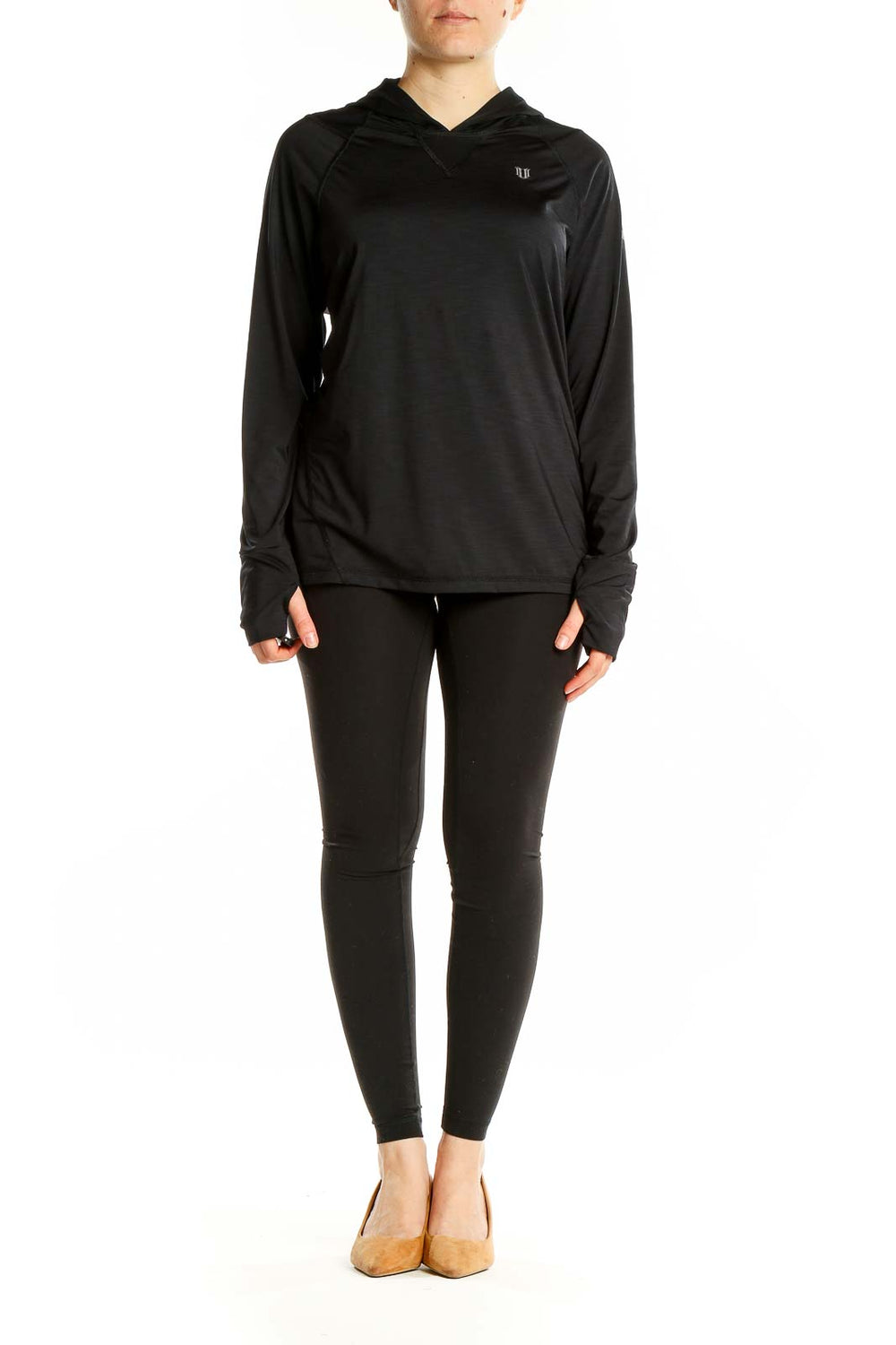 Front view of black hooded athletic top by EleVen by Venus