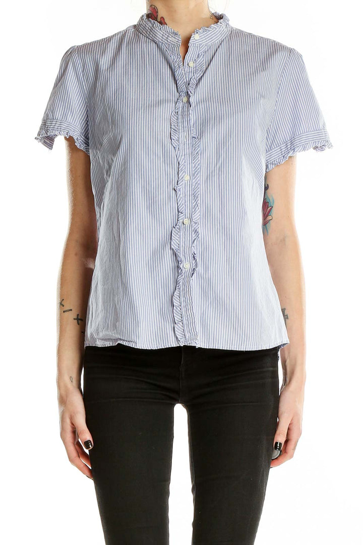 Front view of J.Crew blue striped cotton blouse with ruffle trim and mandarin collar