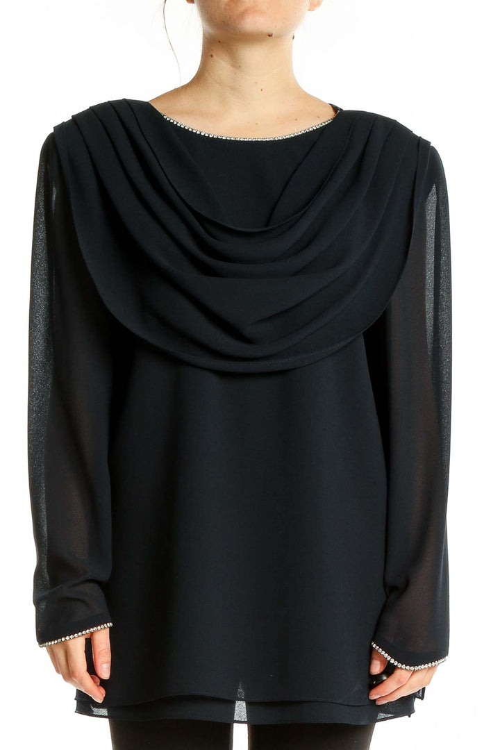 Front view of black Julian Wilder blouse with draped neckline and rhinestone details