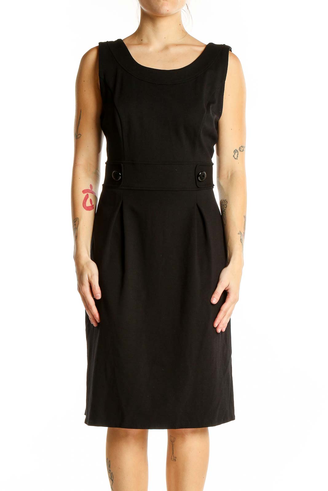 Front view of black sleeveless sheath dress from White House Black Market