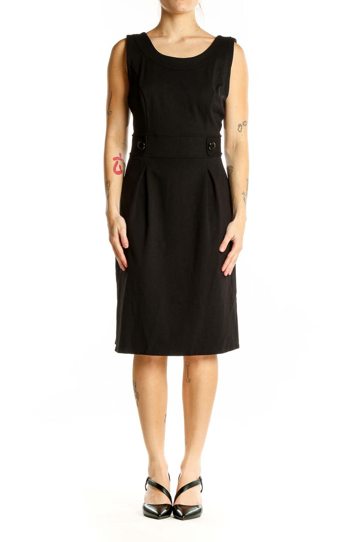 Front view of black sleeveless sheath dress from White House Black Market