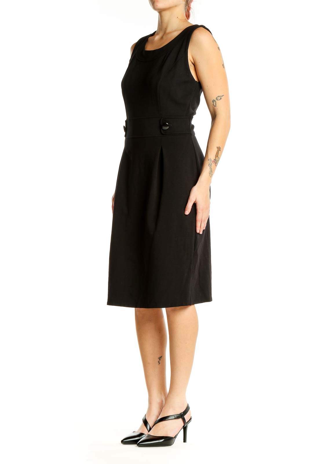 Front view of black sleeveless sheath dress from White House Black Market