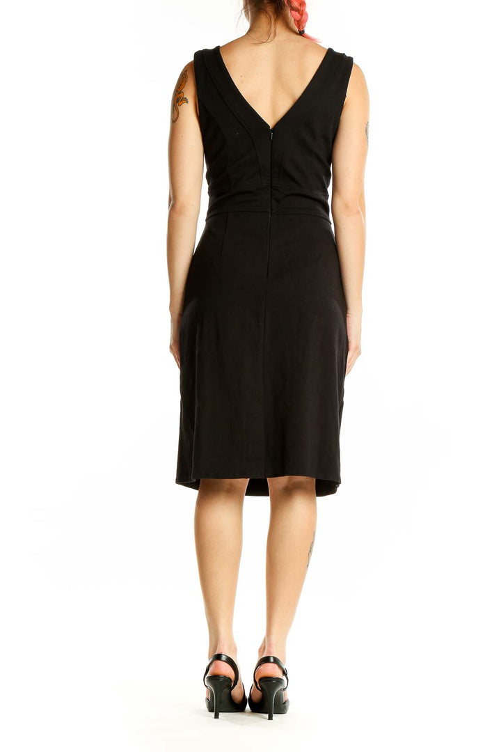 Back view of black sleeveless sheath dress showing V-neckline