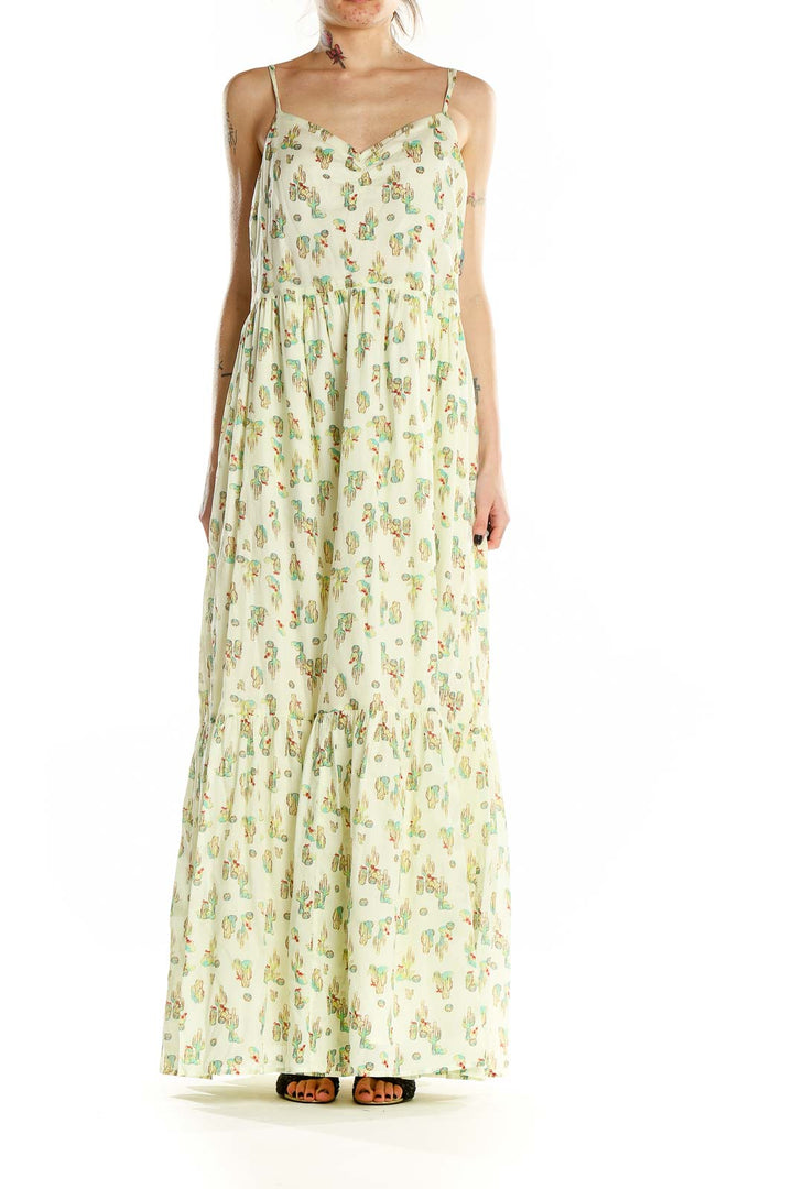 Front view of ModCloth yellow floral maxi dress with cactus print and spaghetti straps