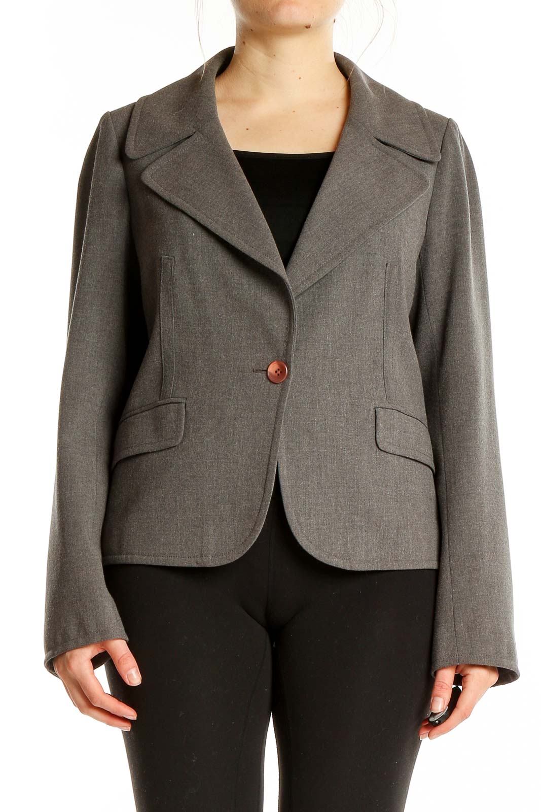 Front view of gray JÔN tailored blazer with single-button closure