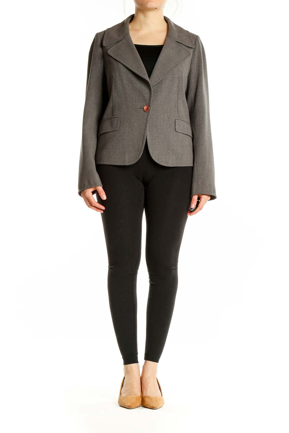 Front view of gray JÔN tailored blazer with single-button closure