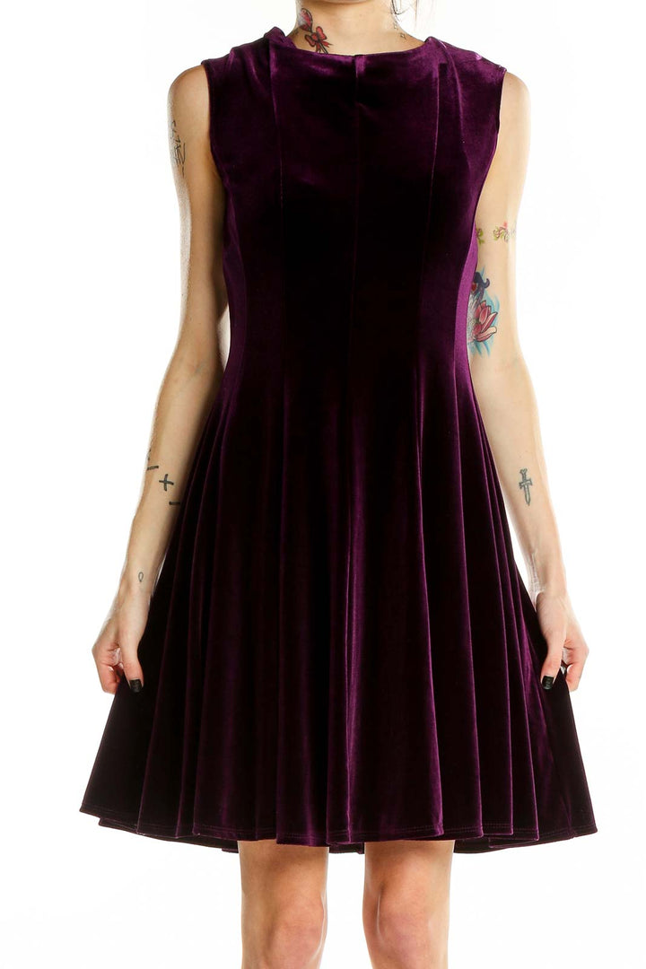 Front view of purple velvet sleeveless fit-and-flare dress by Danny & Nicole