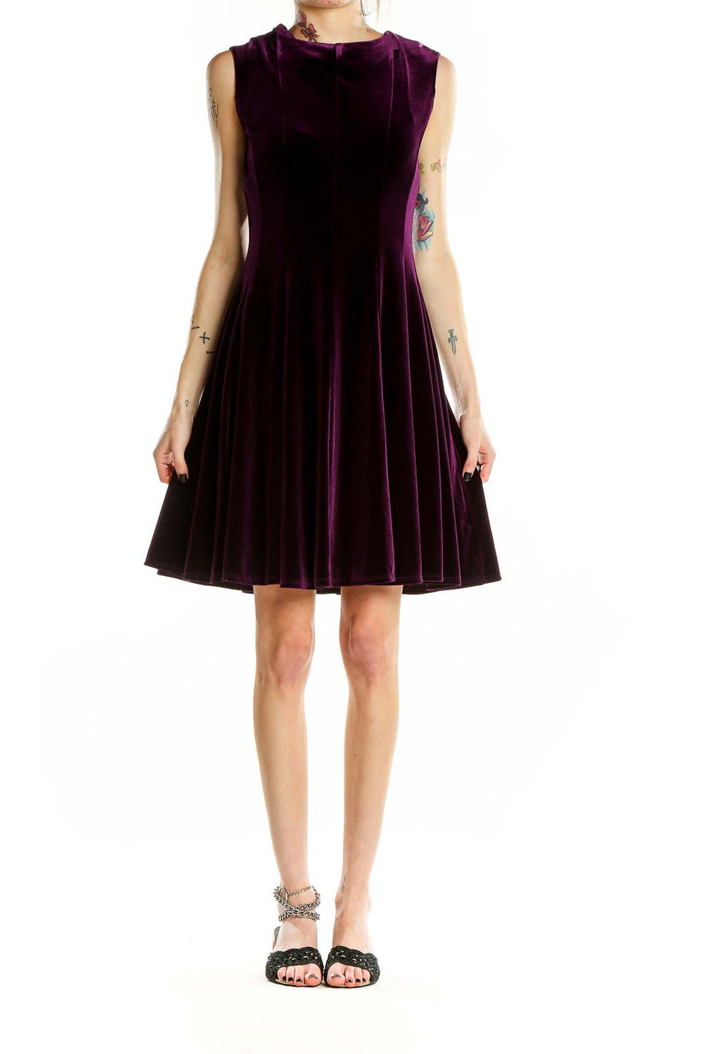 Front view of purple velvet sleeveless fit-and-flare dress by Danny & Nicole