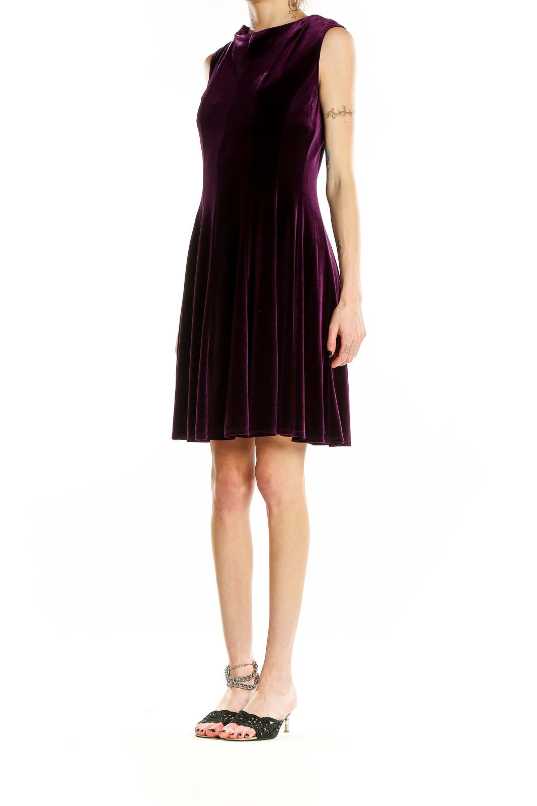 Front view of purple velvet sleeveless fit-and-flare dress by Danny & Nicole