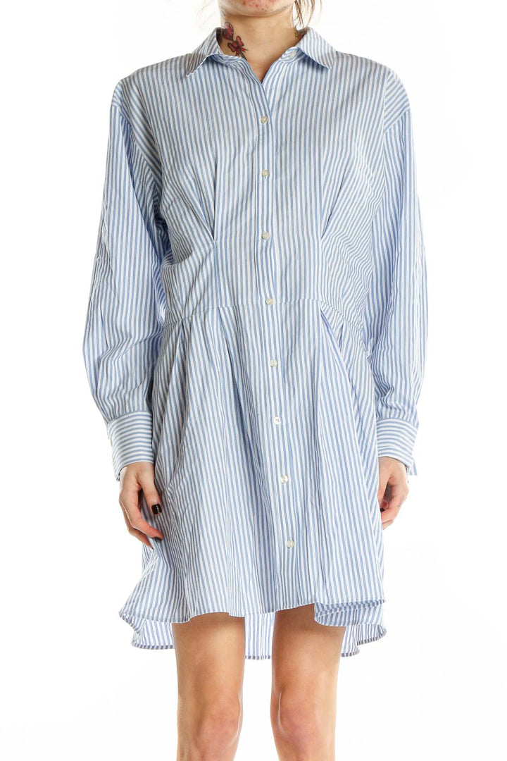 Front view of Abercrombie & Fitch blue striped cotton shirt dress