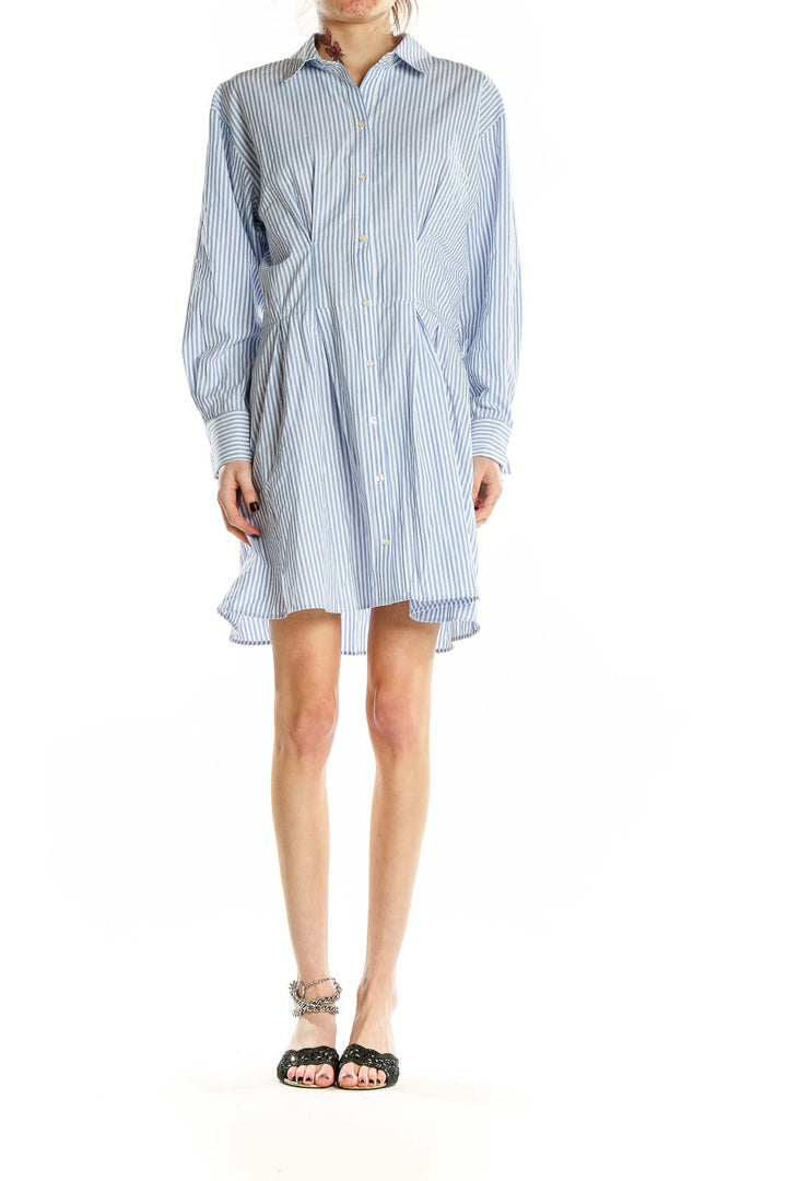 Front view of Abercrombie & Fitch blue striped cotton shirt dress