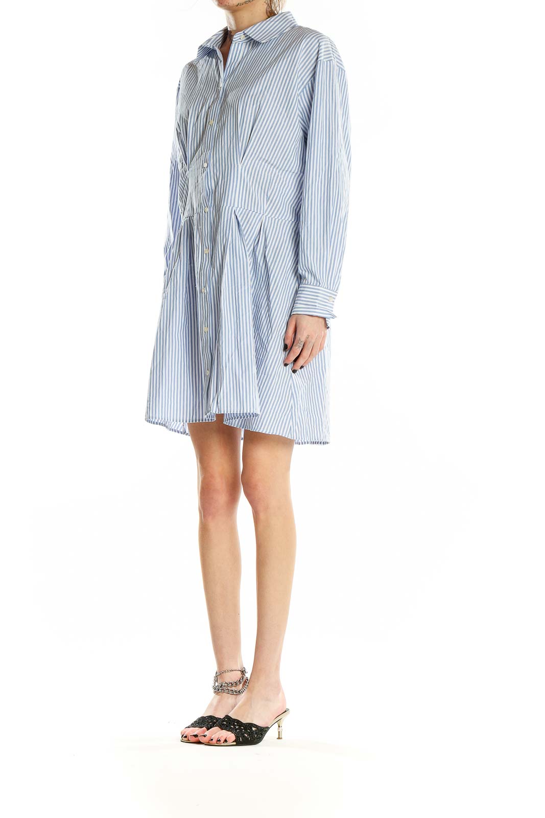 Front view of Abercrombie & Fitch blue striped cotton shirt dress