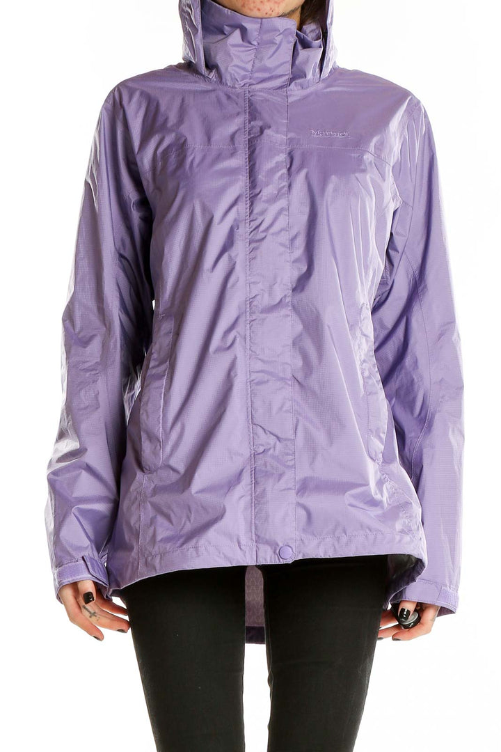 Front view of purple Marmot recycled nylon rain jacket with hood