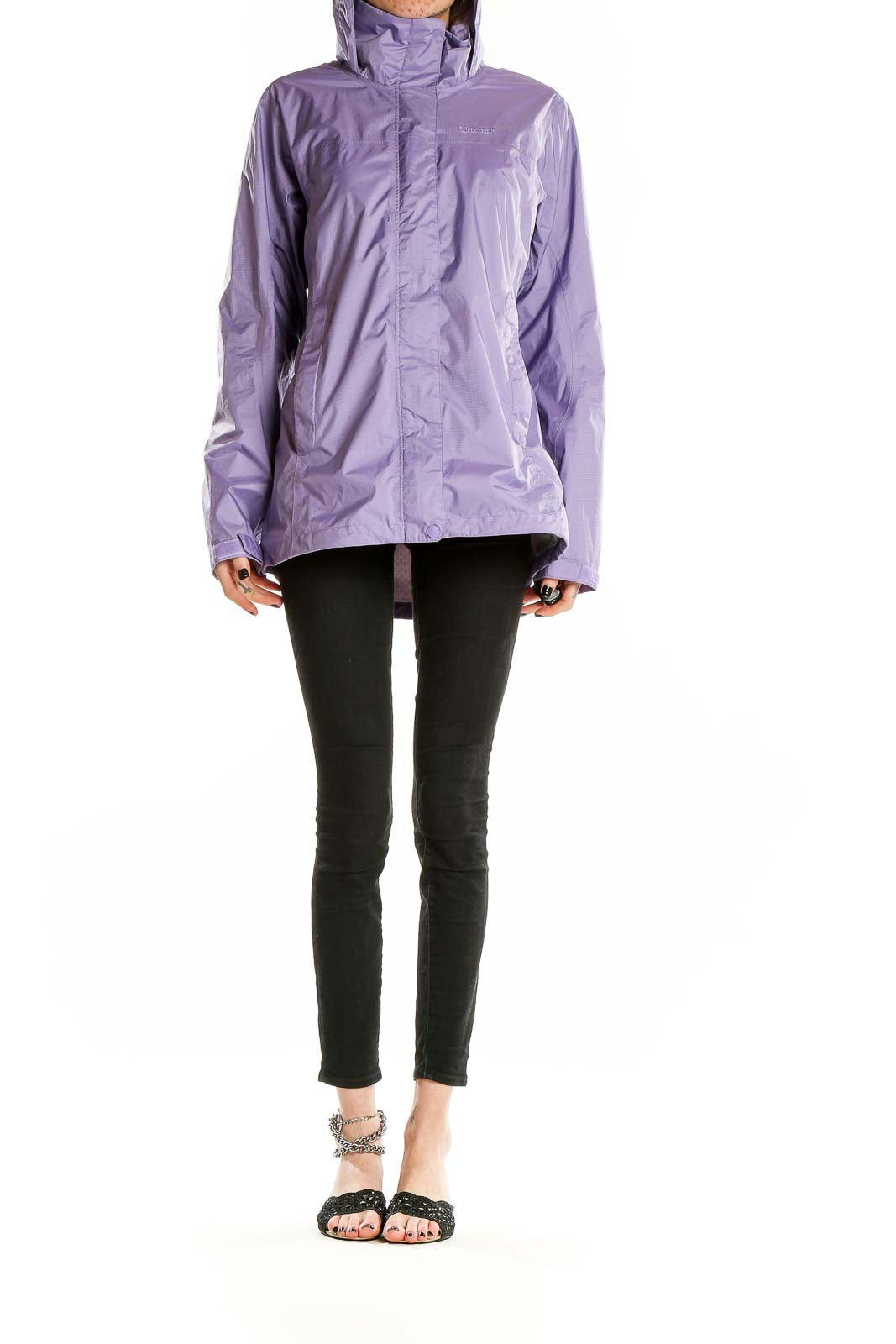 Front view of purple Marmot recycled nylon rain jacket with hood