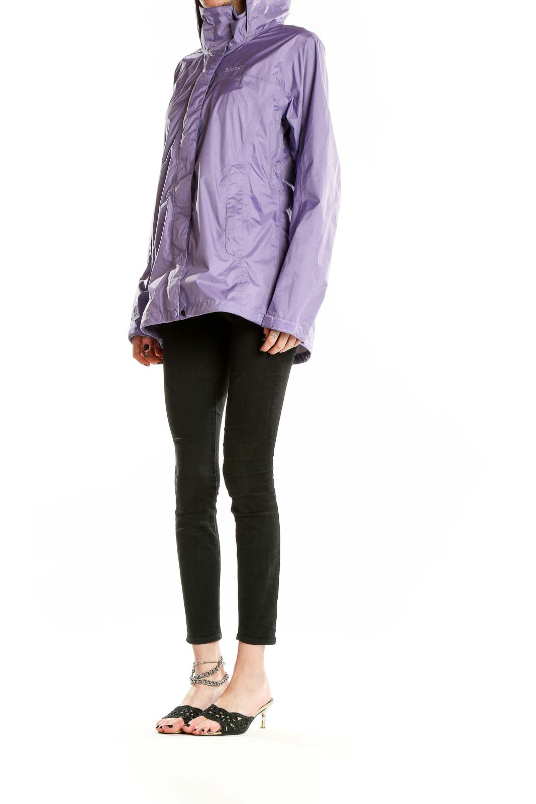 Front view of purple Marmot recycled nylon rain jacket with hood