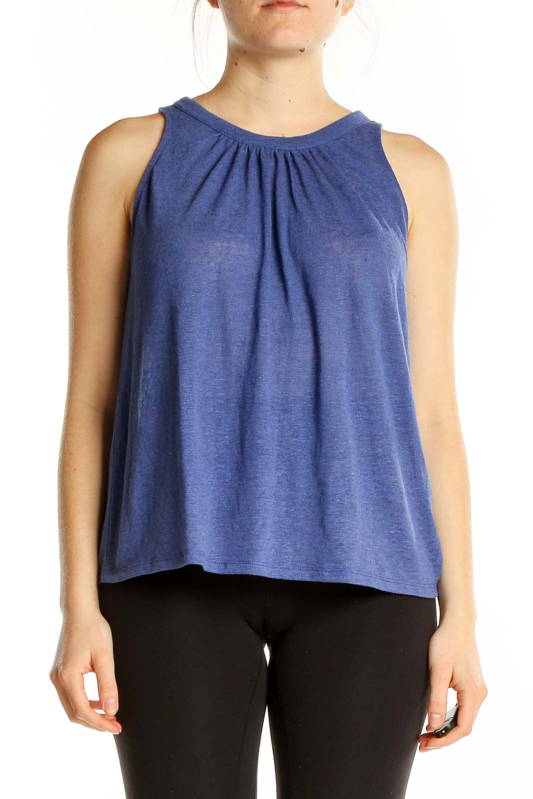 Front view of Banana Republic blue sleeveless linen blend top with gathered neckline