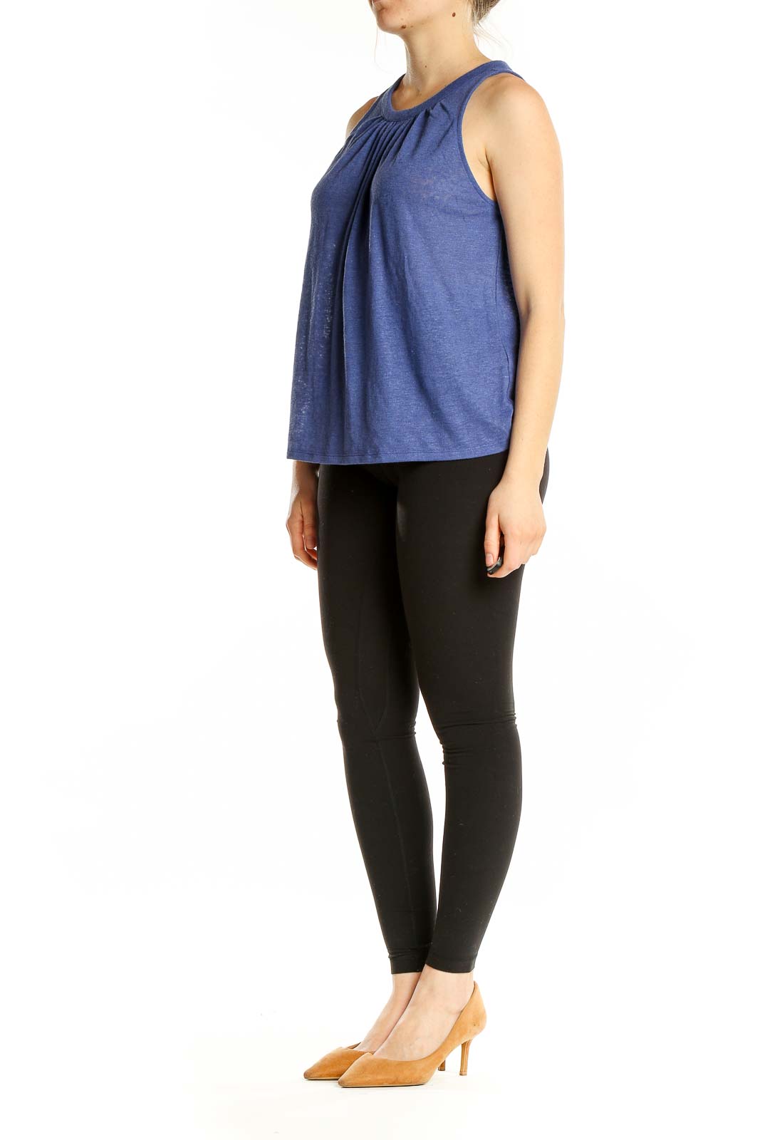 Front view of Banana Republic blue sleeveless linen blend top with gathered neckline