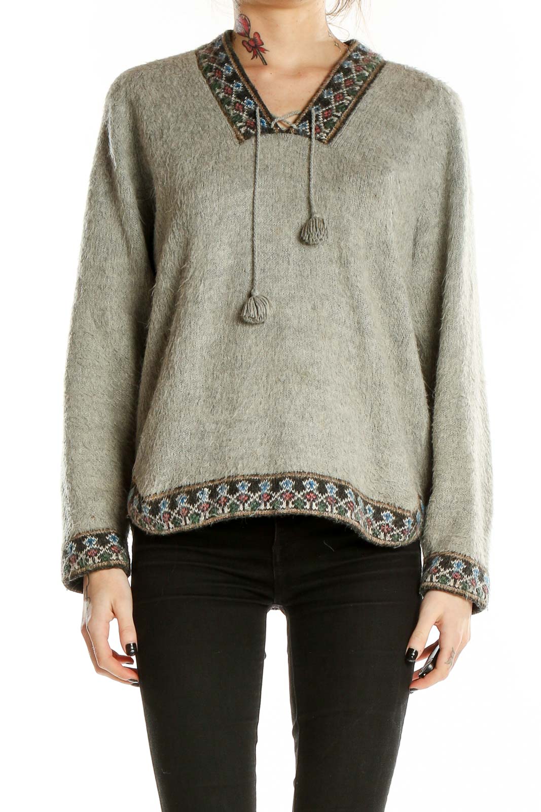 Front view of gray SilkRoll knit sweater with embroidered V-neck and hem