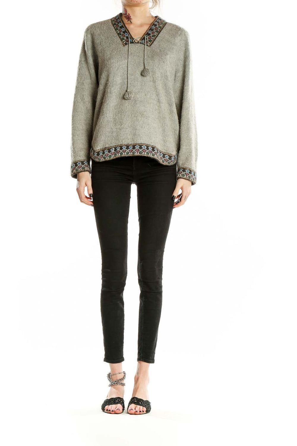 Front view of gray SilkRoll knit sweater with embroidered V-neck and hem