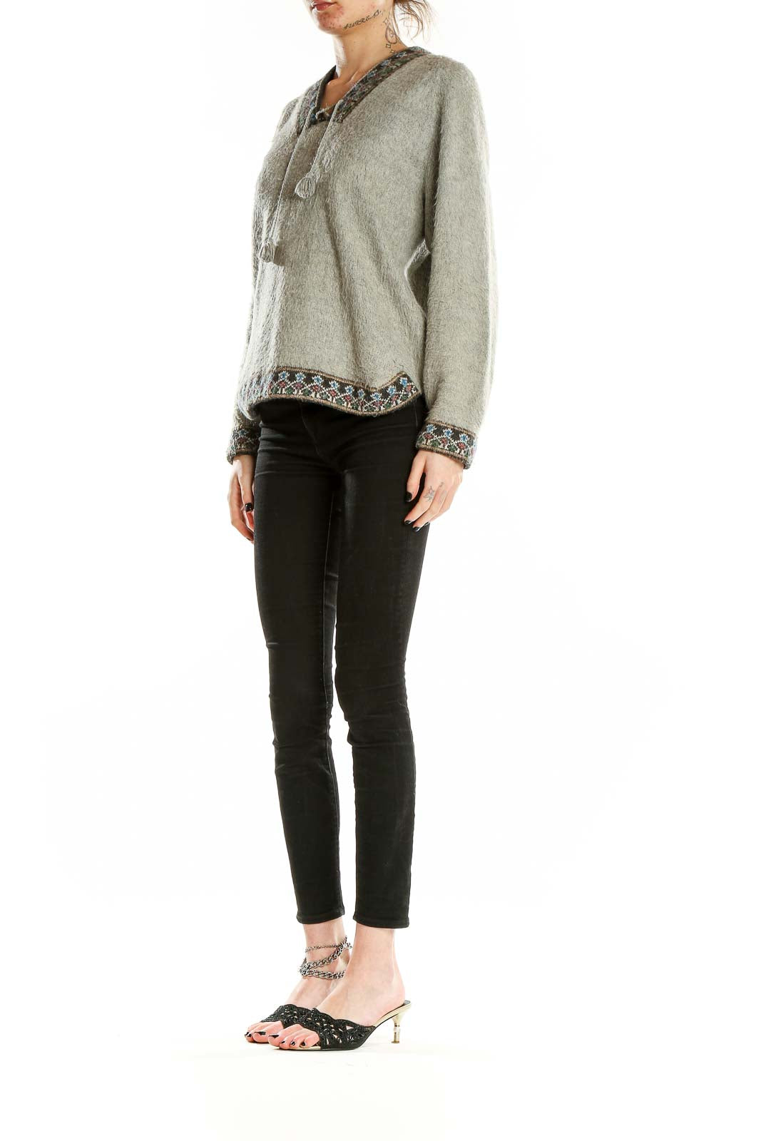 Front view of gray SilkRoll knit sweater with embroidered V-neck and hem