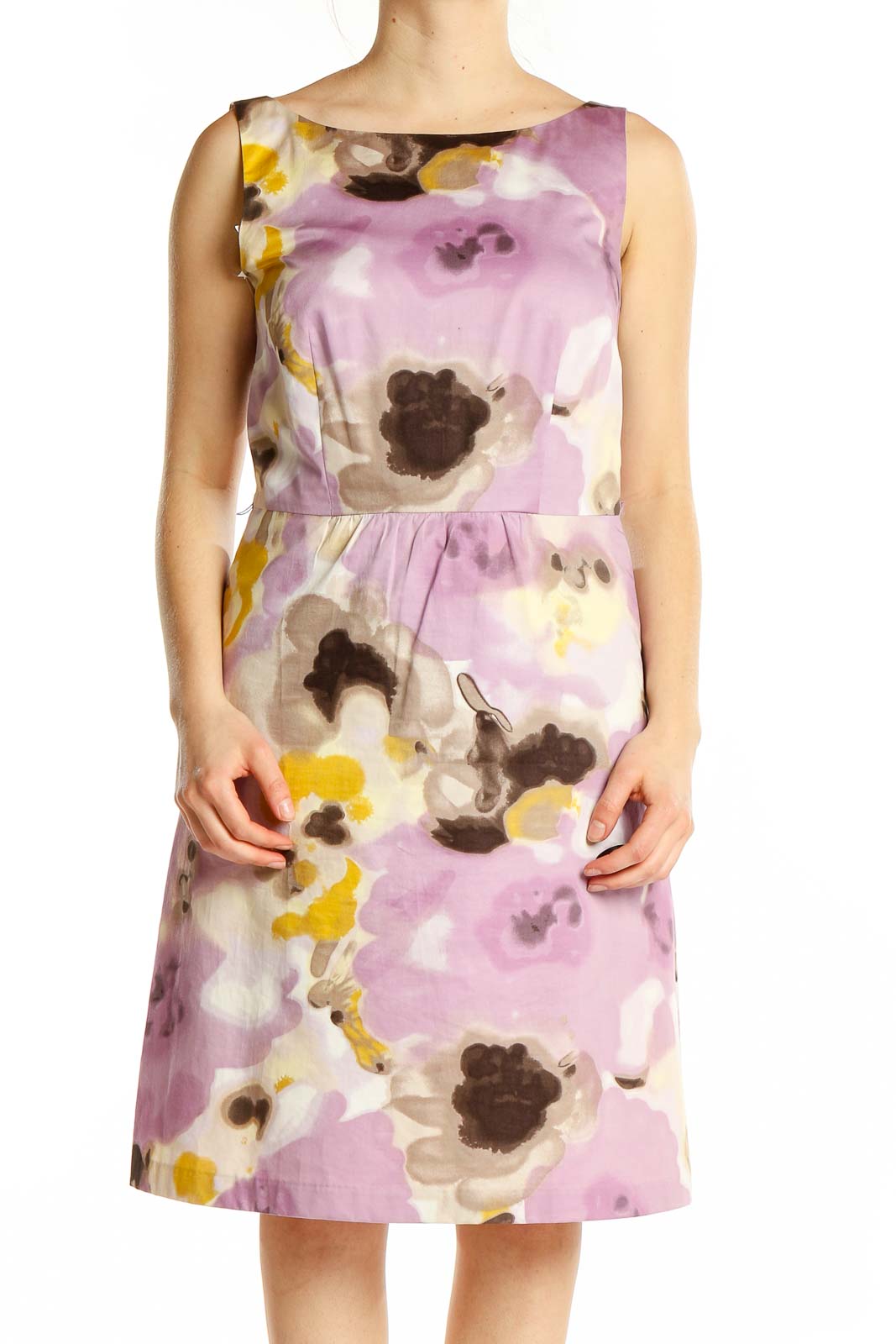 Front view of Ann Taylor purple floral sleeveless dress with fitted bodice and flared skirt