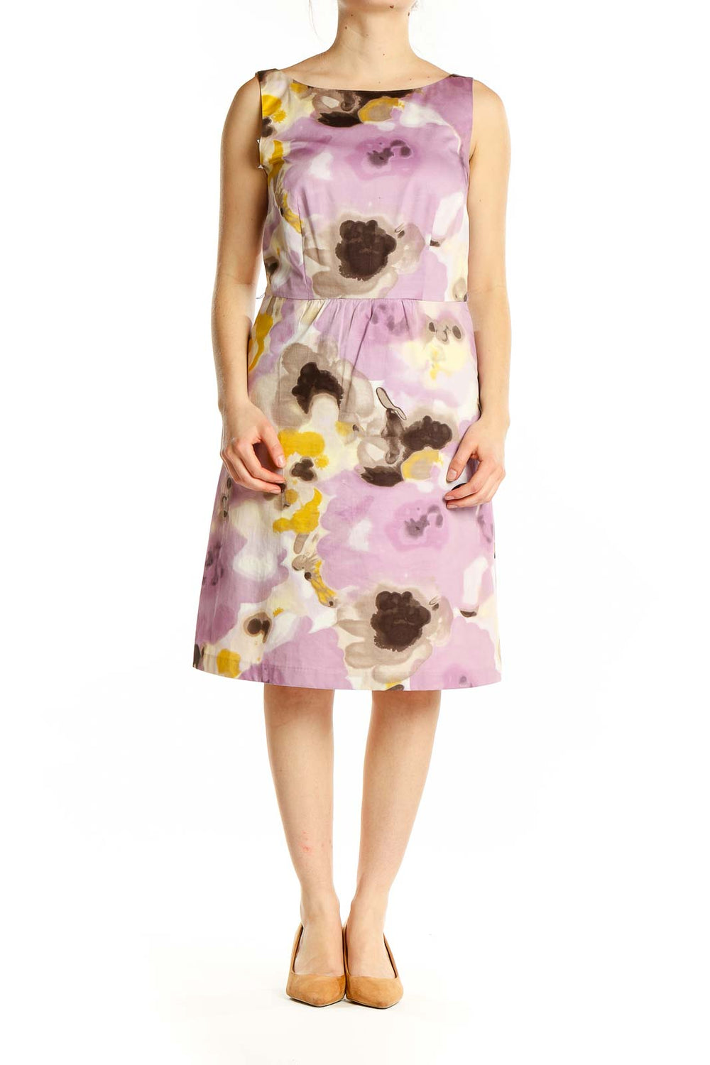 Front view of Ann Taylor purple floral sleeveless dress with fitted bodice and flared skirt