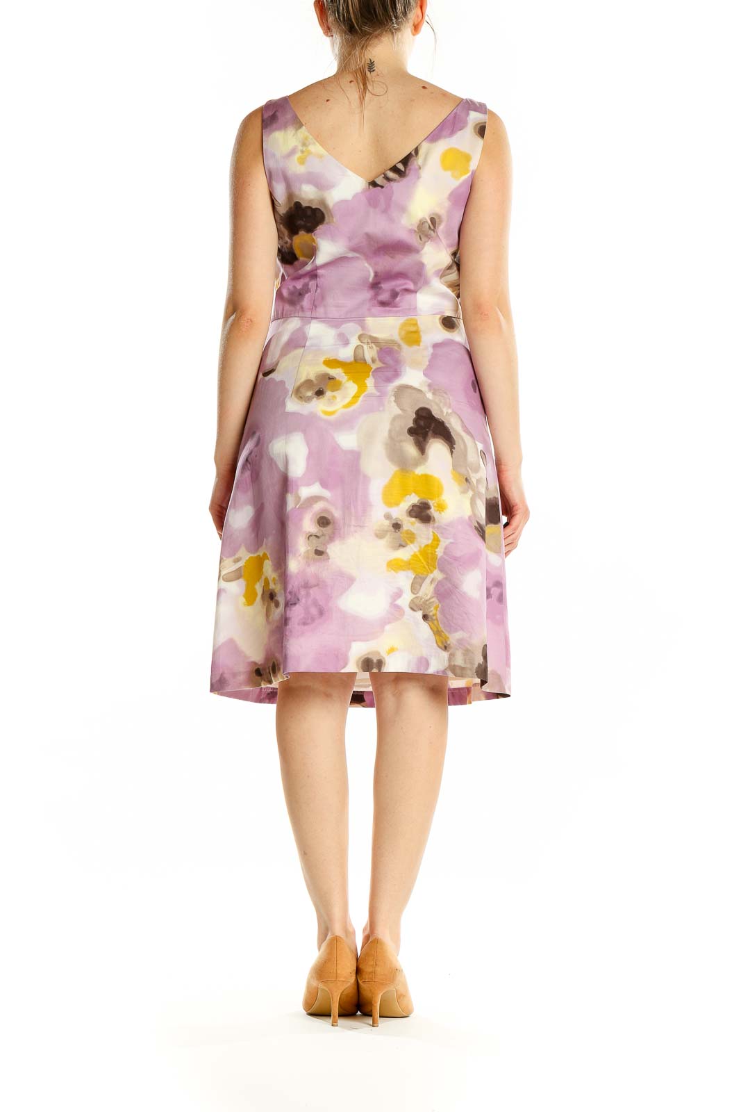 Back view of Ann Taylor purple floral sleeveless dress showing v-neck design