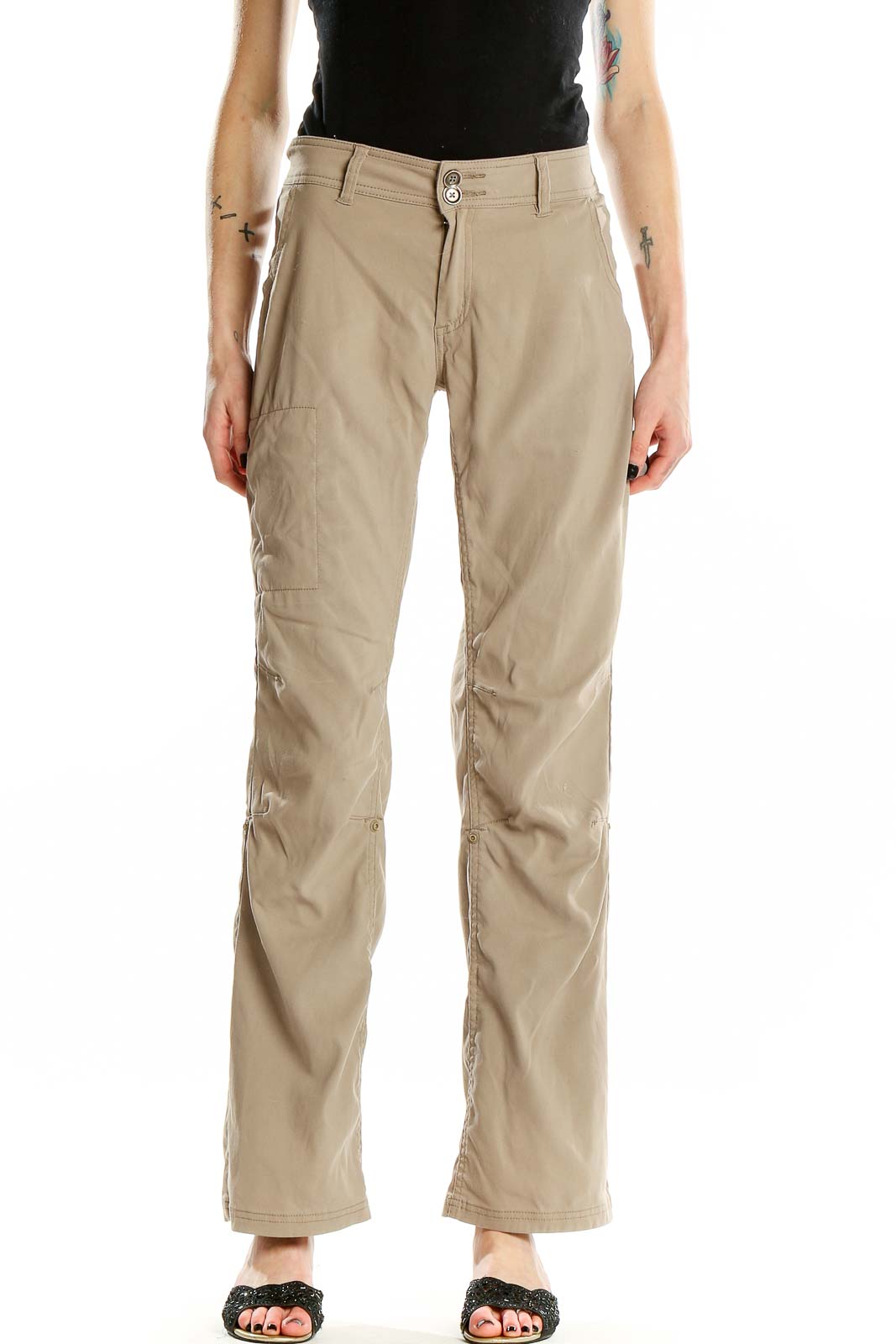 Front view of prAna khaki outdoor pants on model