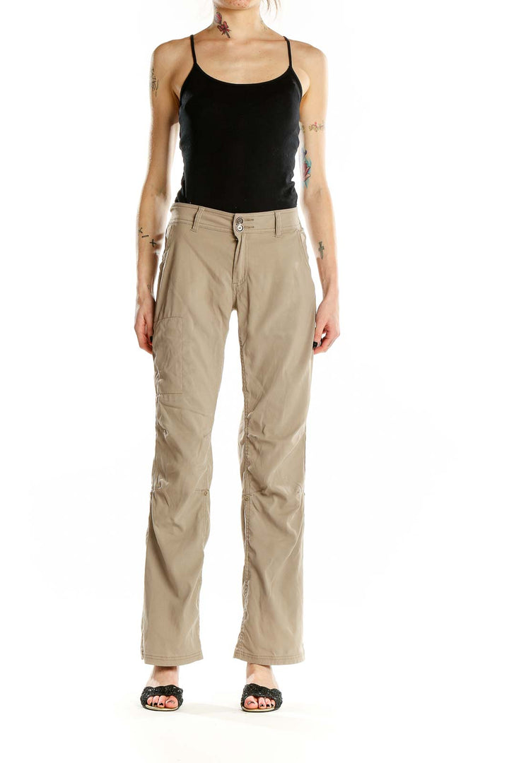 Front view of prAna khaki outdoor pants on model