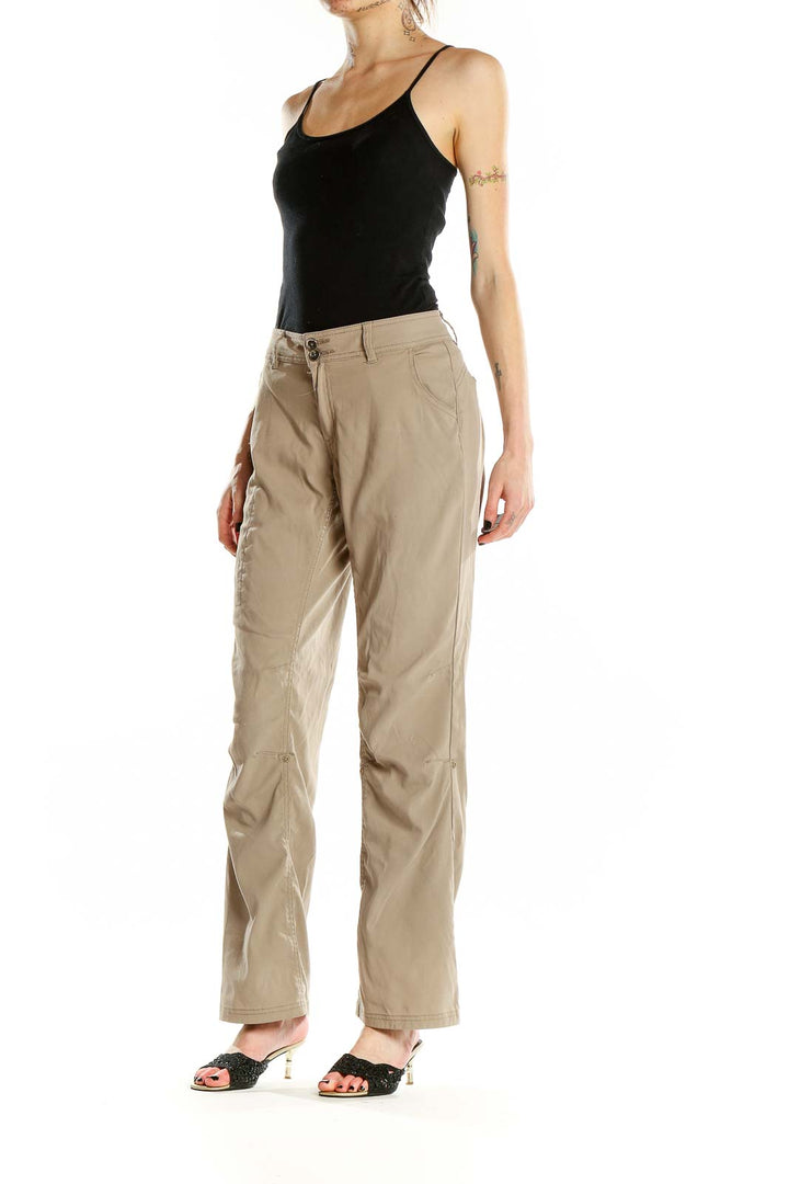 Front view of prAna khaki outdoor pants on model