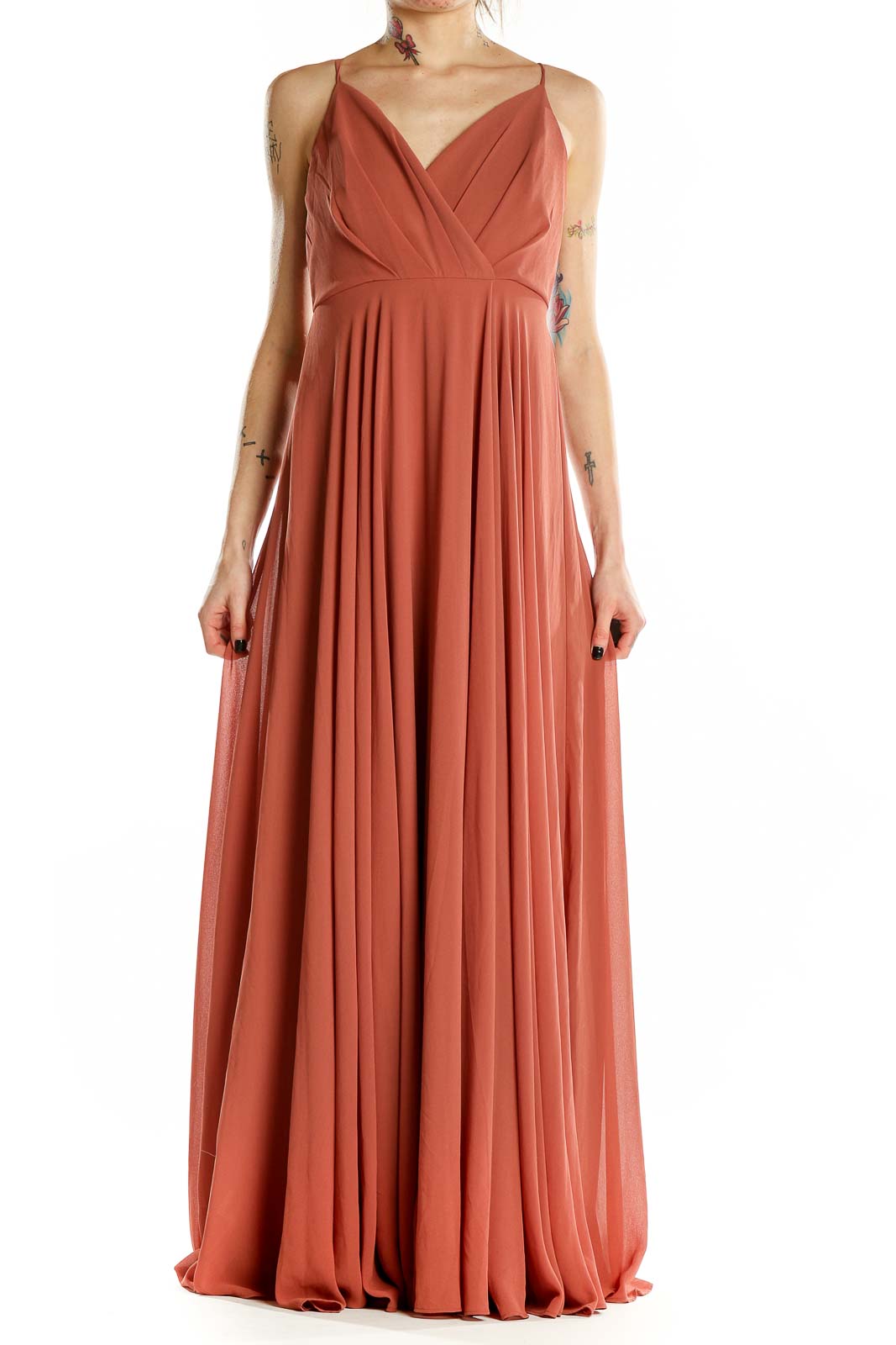 Front view of terracotta pleated maxi dress with V-neckline and spaghetti straps