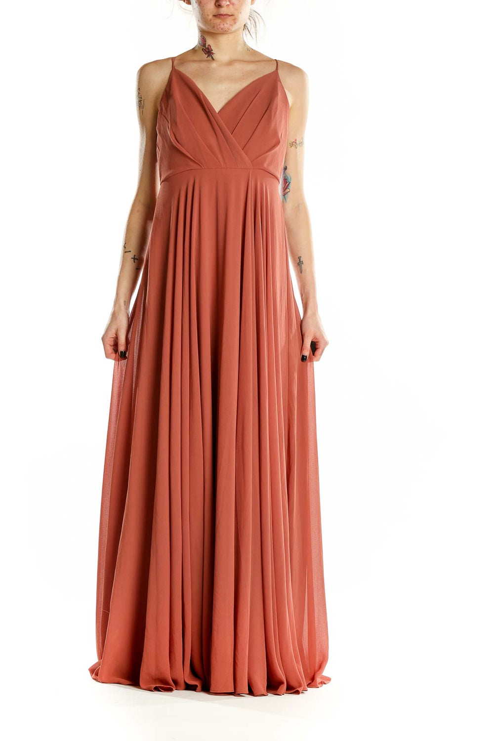 Front view of terracotta pleated maxi dress with V-neckline and spaghetti straps