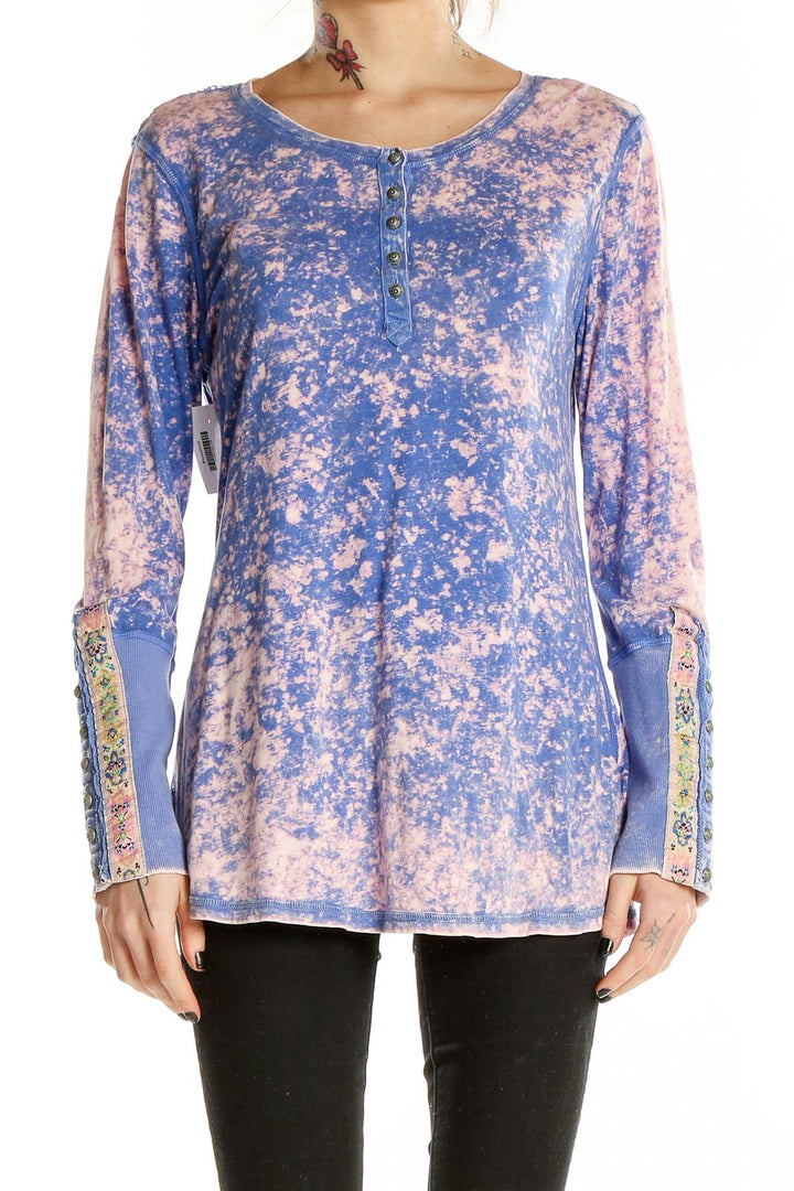 Front view of SilkRoll blue and pink tie-dye long sleeve henley top