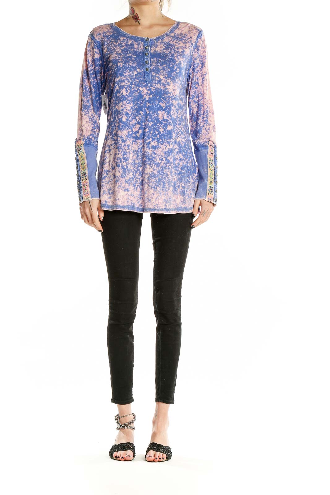 Front view of SilkRoll blue and pink tie-dye long sleeve henley top