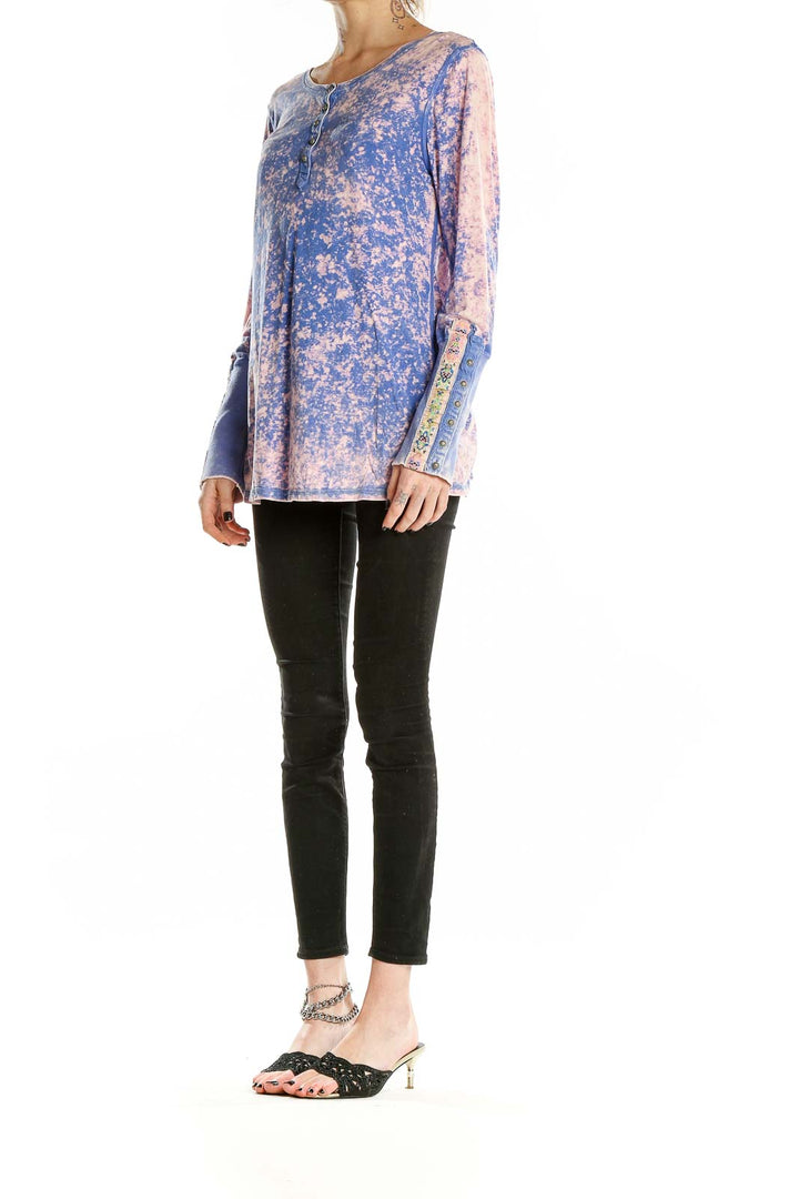 Front view of SilkRoll blue and pink tie-dye long sleeve henley top