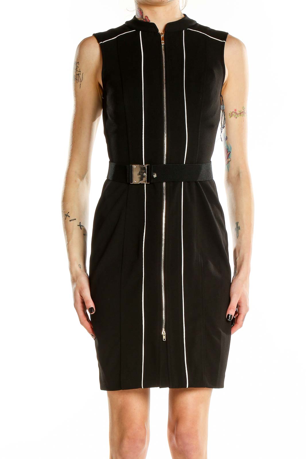 Front view of Tommy Hilfiger black sheath dress with white piping and front zipper