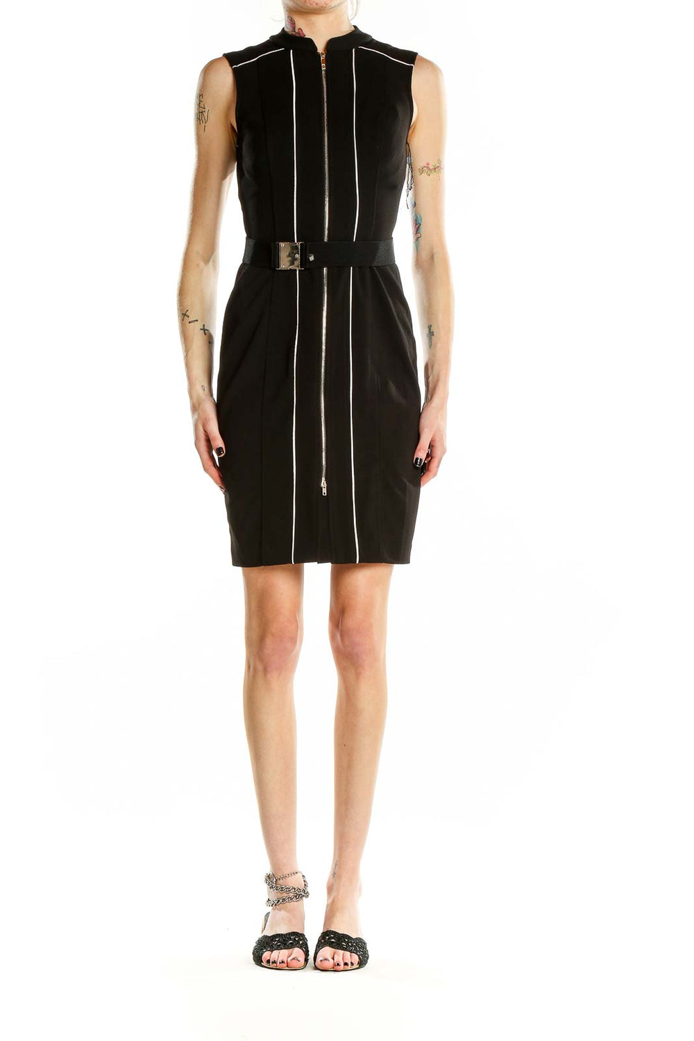 Front view of Tommy Hilfiger black sheath dress with white piping and front zipper