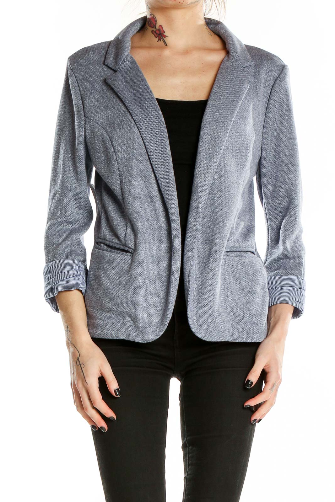 Front view of Skies Are Blue gray open-front blazer on model