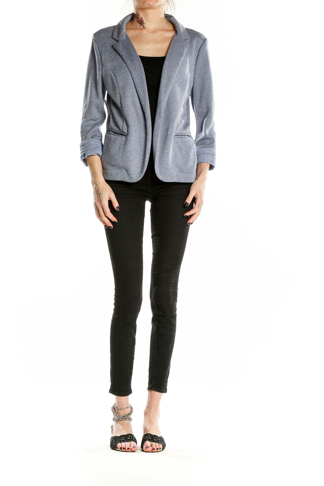 Front view of Skies Are Blue gray open-front blazer on model