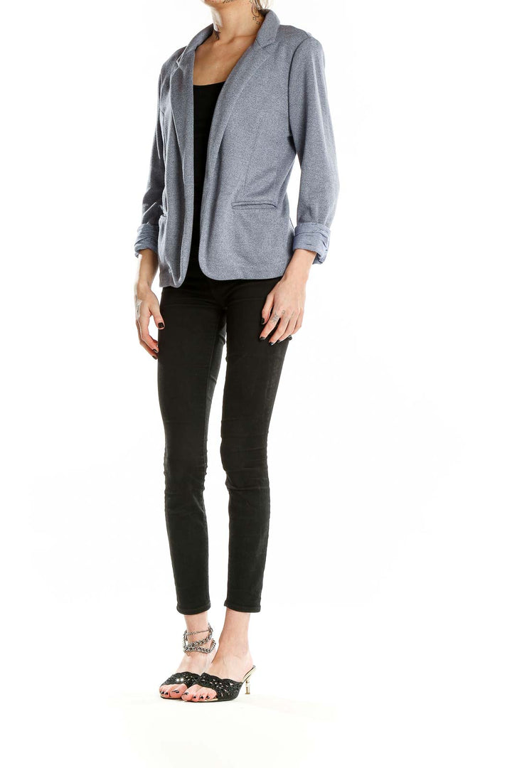 Front view of Skies Are Blue gray open-front blazer on model