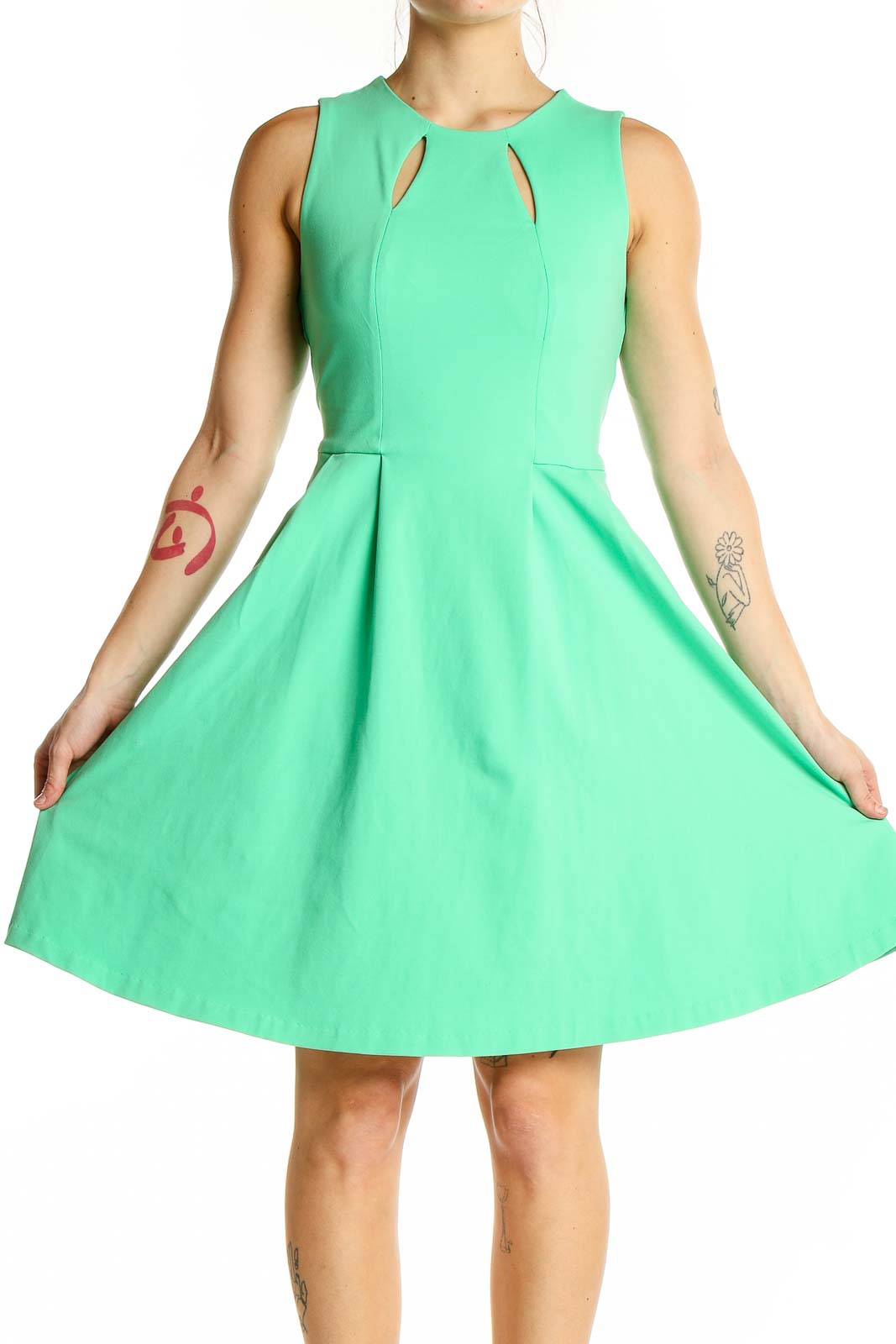 Front view of Cynthia Rowley mint green sleeveless fit-and-flare dress with cutout neckline