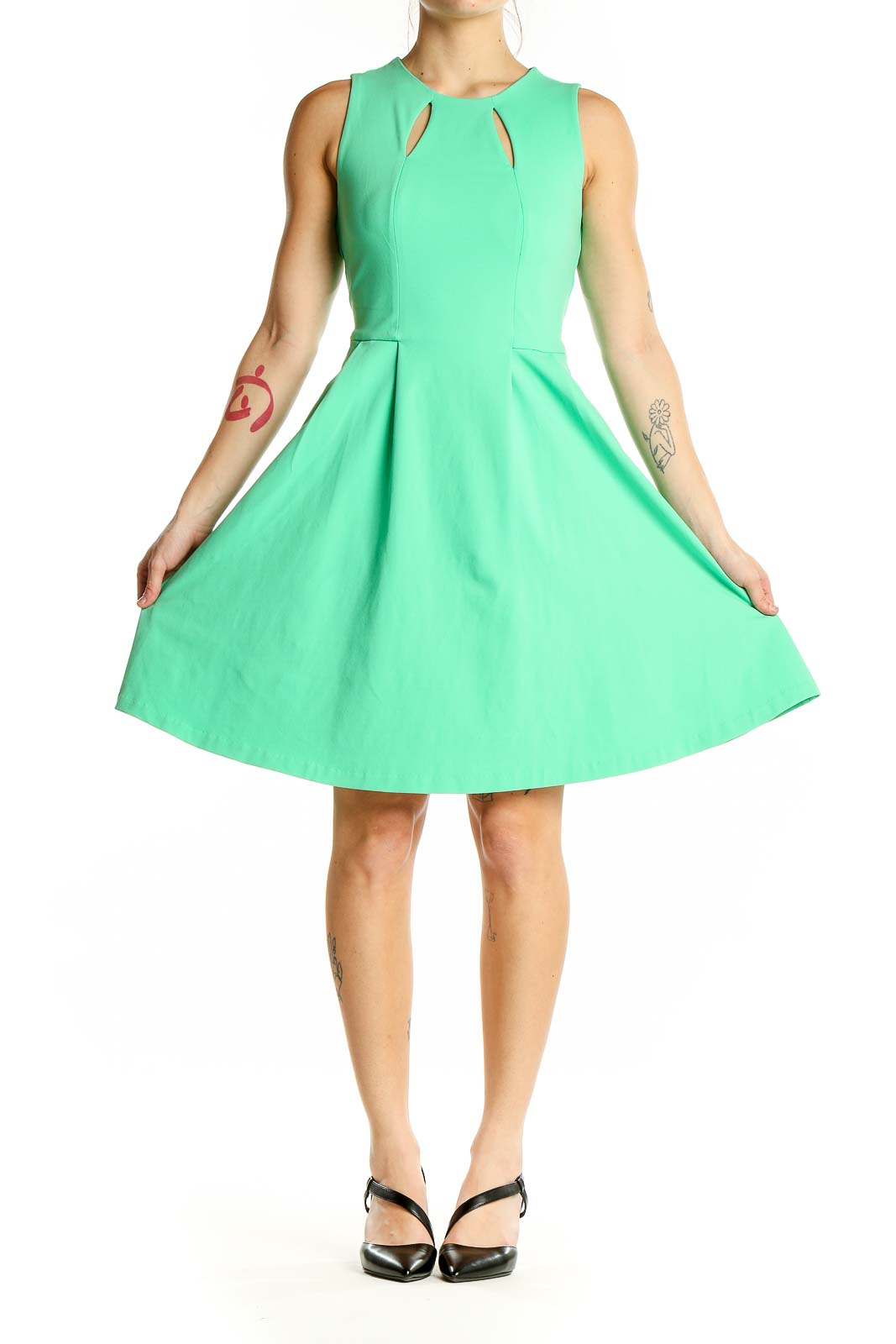 Front view of Cynthia Rowley mint green sleeveless fit-and-flare dress with cutout neckline