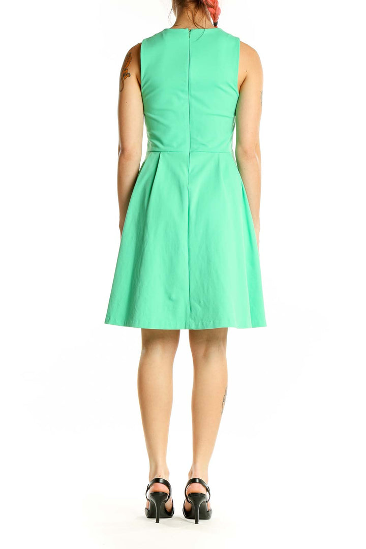 Back view of Cynthia Rowley mint green sleeveless fit-and-flare dress showing pleated skirt